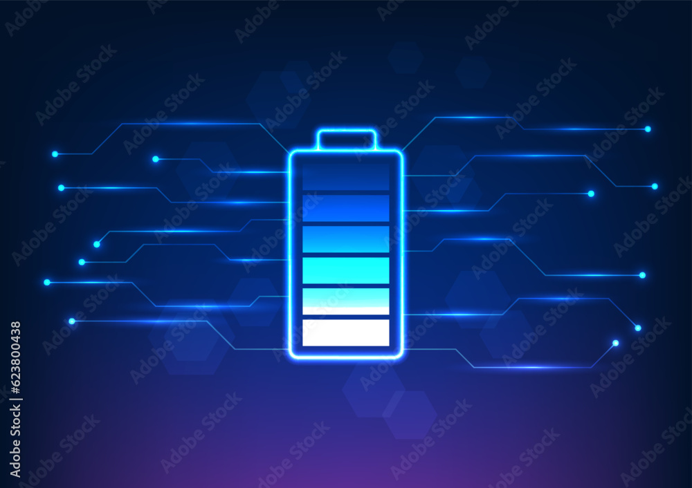 Poster battery technology is connected to the circuit. it is a vector illustration in blue tones. the backg