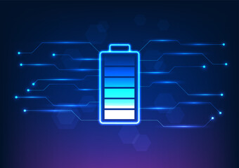 Battery technology is connected to the circuit. It is a vector illustration in blue tones. The background is geometric shapes. The concept of battery technology is to keep electrical devices powered. - obrazy, fototapety, plakaty