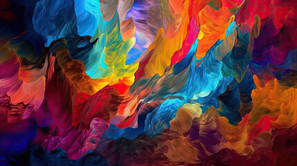 Colourful rainbow abstract artwork, a cursive bright-coloured mountain.