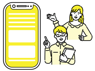 Man and woman explaining next to a blank smartphone screen