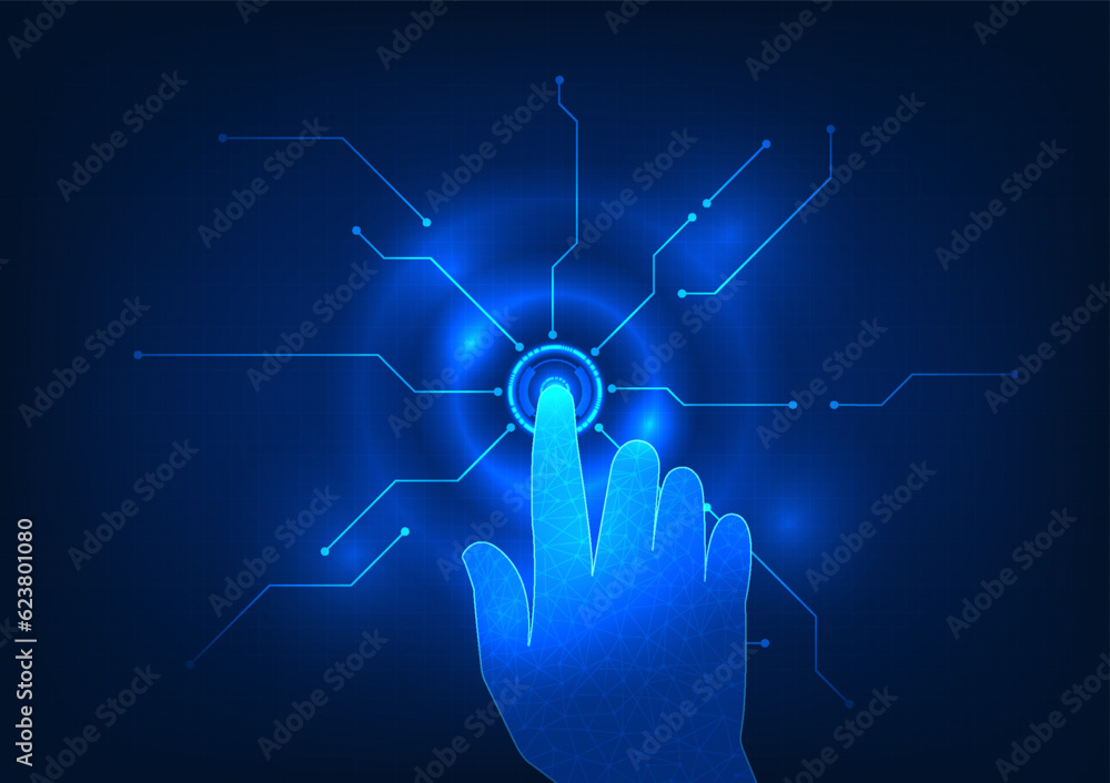 Poster fingers are pressing buttons and showing technology circuits on grid pattern background. the concept