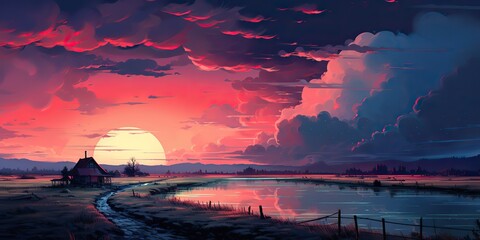 AI Generated. AI Generative. Countryside sunset dark magic nature outdoor adventure travel vacation field mountain house style. Graphic Art