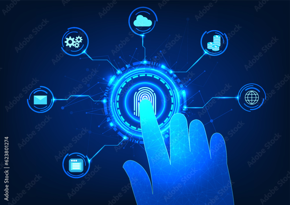 Poster security technology finger scanning fingerprint surrounded by a technology circle with icon represen