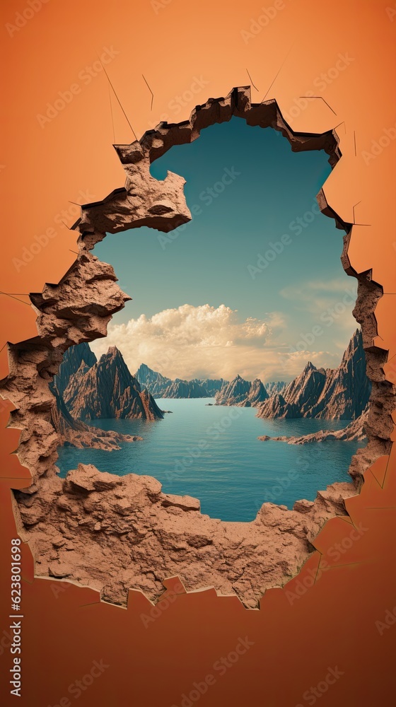Poster a hole in the wall with a view of the ocean. generative ai.