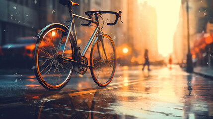 Fototapeta na wymiar Bicycle on the background of a blurred city, Generative Ai