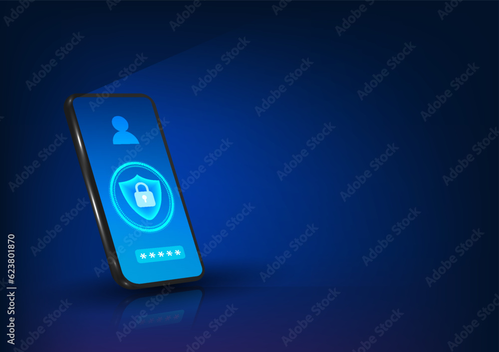 Poster smart phone technology mobile screen with shield and lock with technology circle refers to the secur