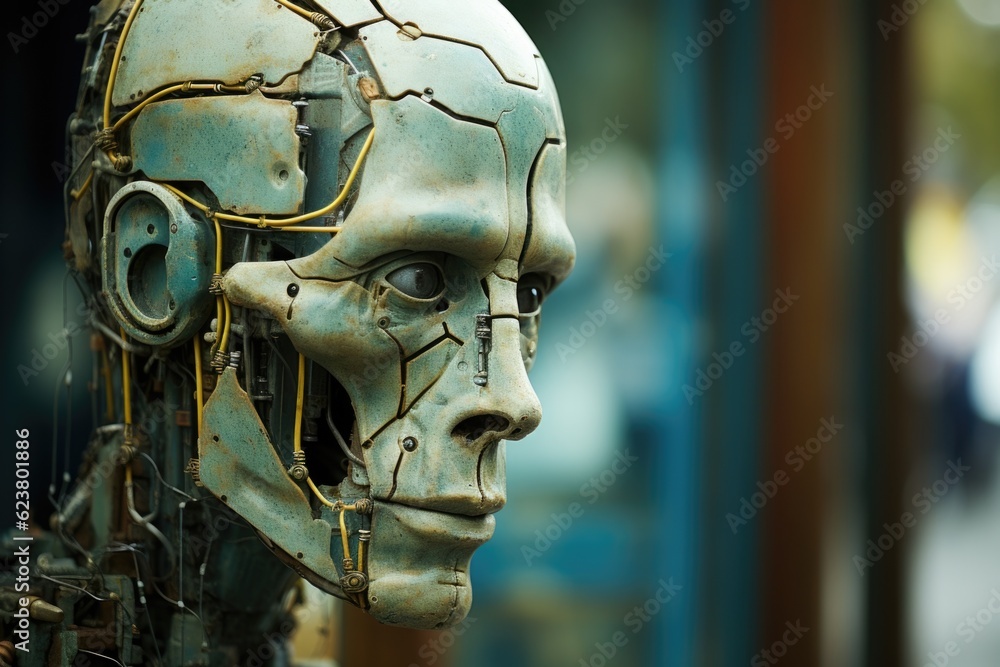 Poster a close up of a robot's head with wires attached to it. generative ai.