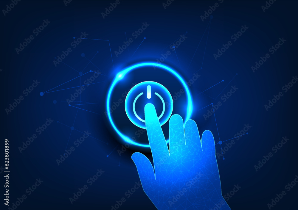 Poster switch on technology with a hand pushing the switch button on the back, there are elements of lines 