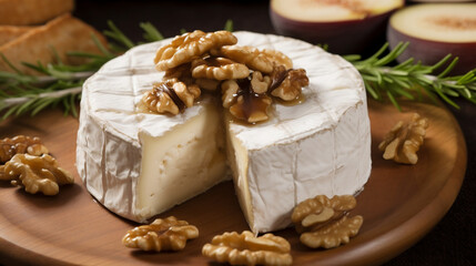 Fototapeta premium Brie cheese with walnuts, Generative Ai