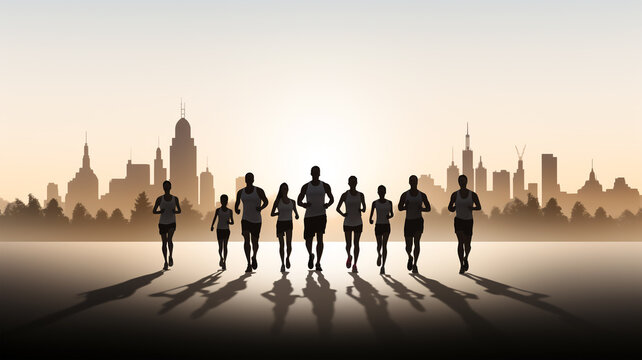 Group of joggers on the background of city, jogging silhouettes of a people engaged in sports