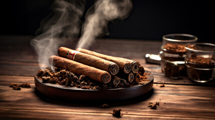 Cigars on a wooden desk closeup view, Generative Ai