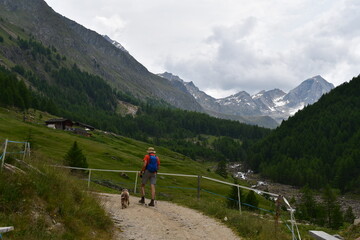 Mann und sein Lagotto Romagnolo Hund wandern in Südtirol 