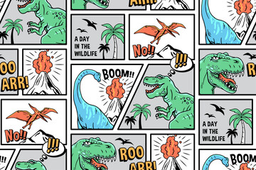 Estores personalizados infantiles con tu foto Vector comic style dinosaur seamless pattern. Pattern with Tyrannosaurus Rex, Stegosaurus, Brachiosaurus, Triceratops, and Pterodactyl cartoons.