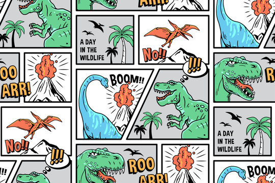 Fototapeta Vector comic style dinosaur seamless pattern. Pattern with Tyrannosaurus Rex, Stegosaurus, Brachiosaurus, Triceratops, and Pterodactyl cartoons.