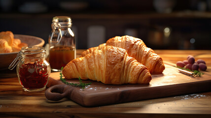Fototapeta na wymiar Traditional Croissants, Jam, and a Wooden Setting