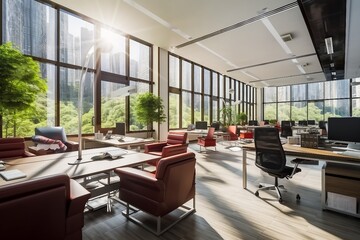 interior design of a modern office with red chairs and white desks. created generative ai.