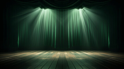 Empty green curtain stage wooden floor with spotlight, Generative Ai