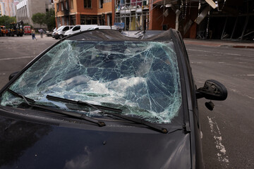 Crime Incident! Broken car windows as a result of a terrorist attack. Car robbery. Dangerous fatal...