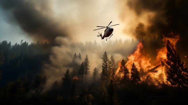 Fire helicopter extinguishes forest, Generative Ai