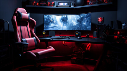 Gamer setup computer and gamer chair, Generative Ai