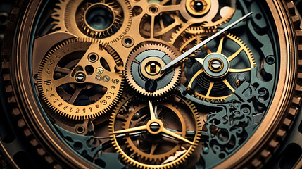 Fototapeta na wymiar Gears and cogs in clockwork watch mechanism, Generative Ai