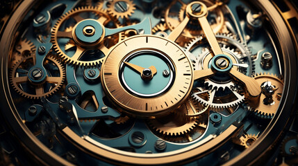 Gears and cogs in clockwork watch mechanism, Generative Ai