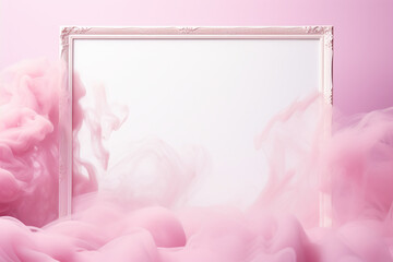 white picture frame with blank canvas with pink smoke on a pink background, AI generated