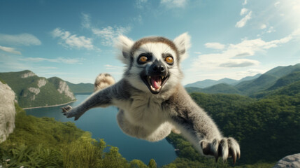 Obraz premium Lemur flying in the air with smile on his face with mountain and lake in background
