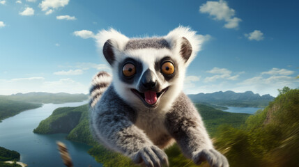 Lemur flying in the air with smile on his face with mountain and lake in background
