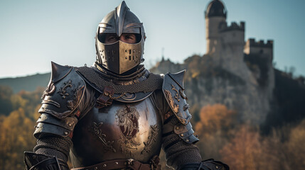 Medieval knight in shining armor standing in front of a castle in the background