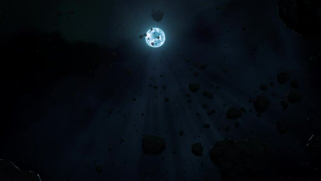 Approaching White dwarf star Sirius B through floating barren rocky asteroid field. Concept 3D animation tracking shot. Heavy elements rocks orbiting in starry wind in post supernova hydrogen burning.