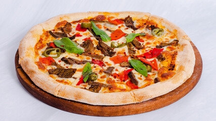 Beef pizza side view