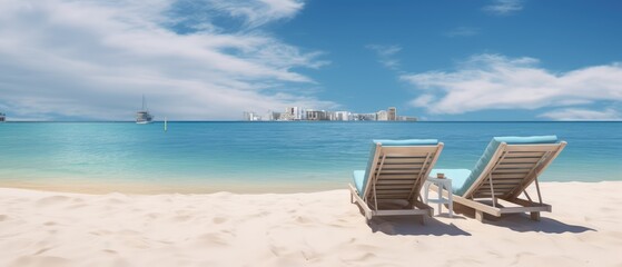Fototapeta na wymiar Beach lounge, Infinity pool with chairs and table on the sandy beach of the sea, Generative AI