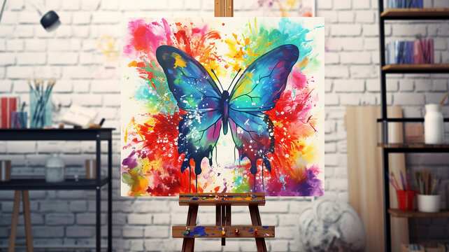 Watercolor Paintings of Butterflies on Easel and Canvas