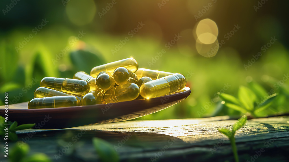 Wall mural pile of herbal capsules on wooden spoon with green botanical background