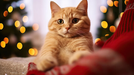 Beautiful red british shorthair cat and its owner over the christmas tree with blurry festive decor. Generative AI