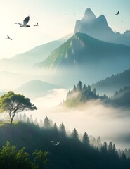 landscape mountain caped fog with green tree and flying birds