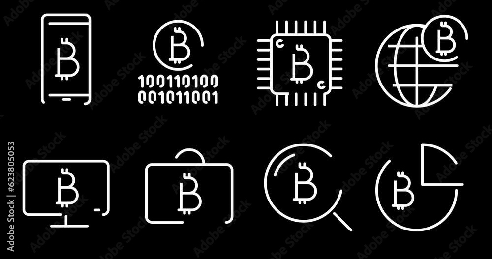 Poster bitcoin cryptocurrency animated outline icon with alpha channel. bitcoin 4k video animation for web,