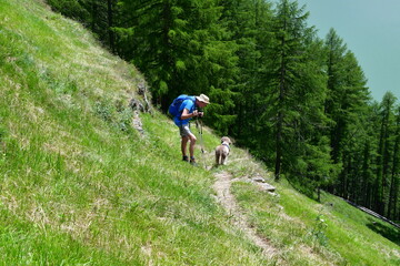Mann unterh&auml;lt sich mit seinem Lagotto Romagnolo Hund im Schnalstal in S&uuml;dtirol 
