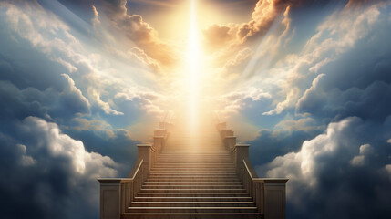 Stairway through the clouds to the heavenly light, Generative Ai - obrazy, fototapety, plakaty