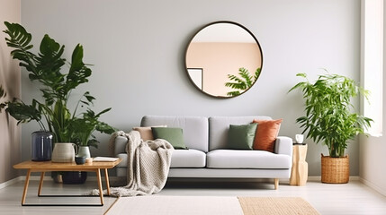 Interior of light living room with comfortable sofa, houseplants and mirror near light wall. Generative AI