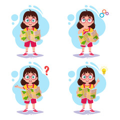 Set of illustrations of a girl with a map