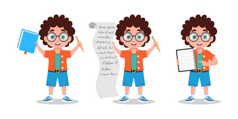 Set of illustrations of a boy with a notebook and a pencil