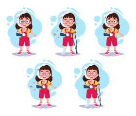 A set of illustrations of a girl with a broken arm, bandaged head, crying in pain and on crutches.