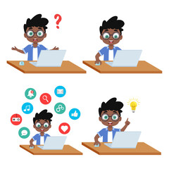 Boy working on a laptop, illustration set