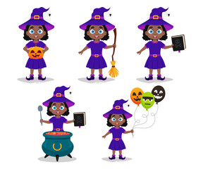 Set of illustrations of a girl in a witch costume