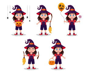 Set of illustrations of a girl in a witch costume