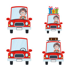 Set of illustrations of a boy driving a car © Andy Illustrator