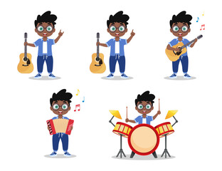 Set of illustrations of a boy playing music