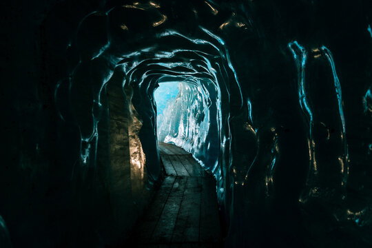 Tunnel in an Ice Cave in Rhone Glacier in Switzerland 